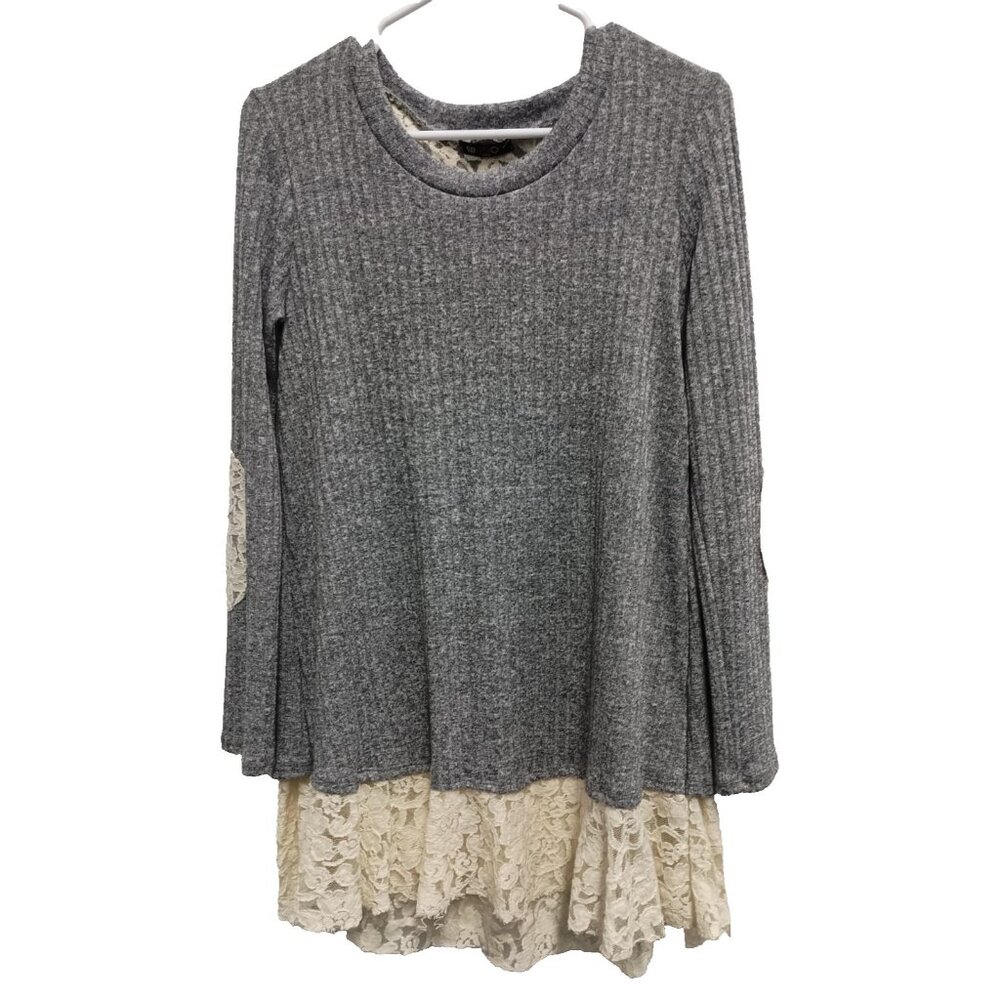 Vision‎ USA Womens Tunic Top Large Gray Lace Trim BOHO Fairy Soft Knit Casual